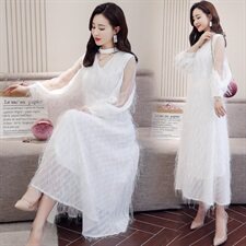 蕾丝连衣裙2021春季新款女装镂空花边立领长袖收腰显瘦，女装连衣裙，瑶迪依秀