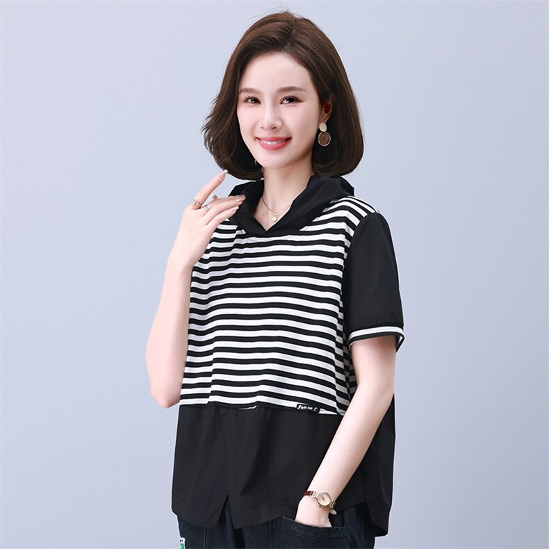 气质条纹卫衣外套女2025春秋新款假两件设计运动休闲潮流连帽上衣,女装衬衫,叶笙衣