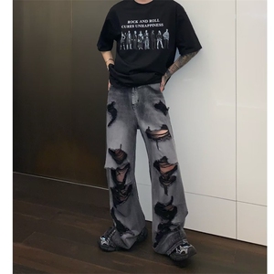美式破洞设计感牛仔裤男款潮牌阔腿裤夏季薄款长裤DA33-P46图片