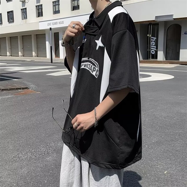 美式复古POLO衫短袖男夏季重磅翻领oversize潮情侣赛车服PA13-P32,男装Polo衫,星座1008