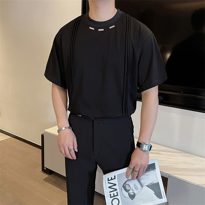 夏季纯色设计短袖T恤男时尚高级金属装饰宽松体恤上衣TX1231-P50,男装T恤,电商B267