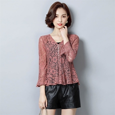 纯色V领荷叶袖2021年秋季套头宽松蕾丝修身显瘦个性简约百搭蕾丝衫/雪纺衫，女装蕾丝衫/雪纺衫，安之芮娜