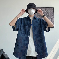夏季棋盘格大码宽松牛仔衬衫复古短袖衬衣外套CS011-P50，男装衬衫，电商A042
