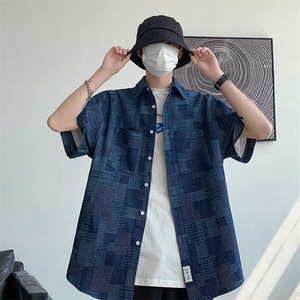夏季棋盘格大码宽松牛仔衬衫复古短袖衬衣外套CS011-P50图片
