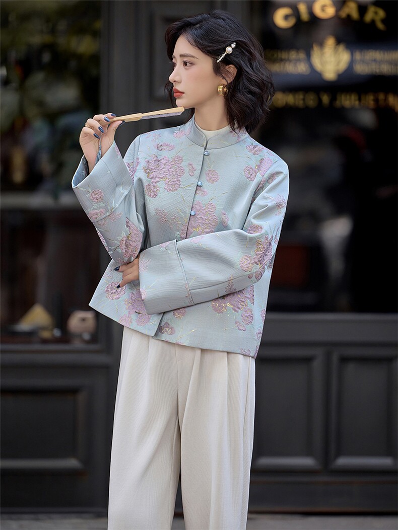 蓝色温柔撞色刺绣提花短外套女春秋新款中式风漂亮上衣,女装短外套,水衣源