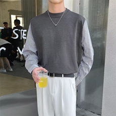 新款男士拼接条纹长袖套头针织毛衣修身弹力百搭休闲上衣男B48，男装针织衫/毛衣，星座1116A-2（原606A-1）