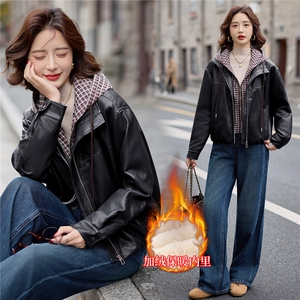 主推皮衣外套女连帽格子拼接上衣2025冬季新款加厚毛皮夹克机车服图片