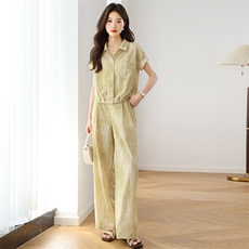 时尚套装女夏季薄款2025新款贵夫人洋气休闲短袖衬衫阔腿裤两件套，女装套装/套裙，婷思杰（原婷想服饰）