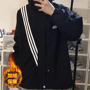 胖子秋季新款男士立领三道杠条纹斜纹拼接刺绣宽松加肥加大码夹克图片