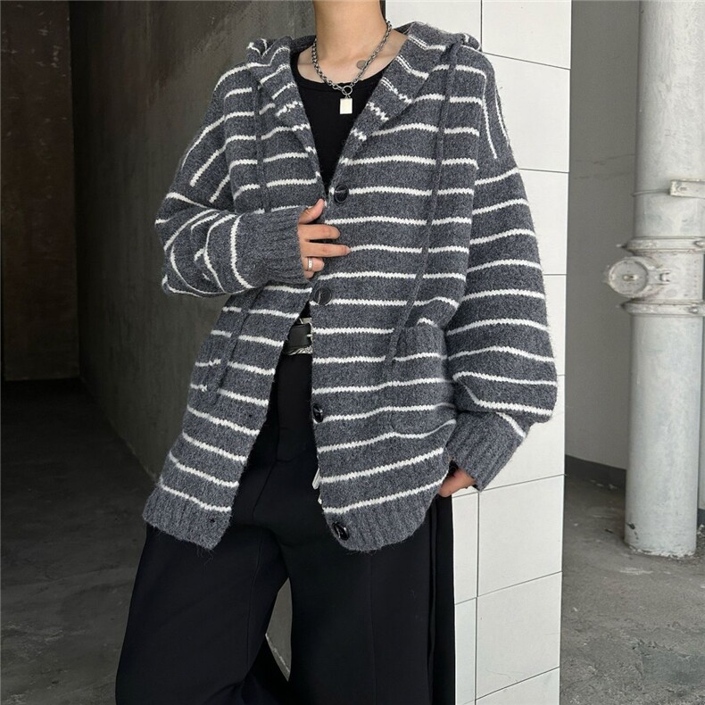 秋冬新条纹连帽毛衣男女同款美式复古慵懒风撞色针织开衫外套潮流，男装针织衫/毛衣，四季星座505