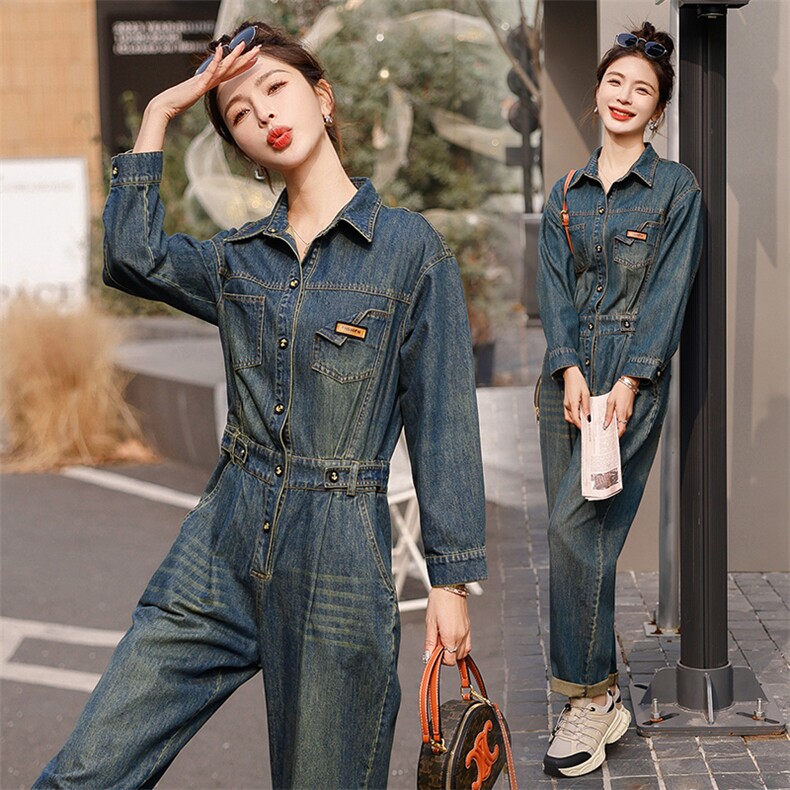 时尚显瘦牛仔连体裤女春季新款高腰宽松长袖工装裤百搭休闲裤，女装连体裤，秋水欣儿