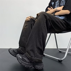 复古高街破洞牛仔裤子男直筒裤子宽松毛边长裤N6158，男装牛仔裤，星座1116A-1（原606A）