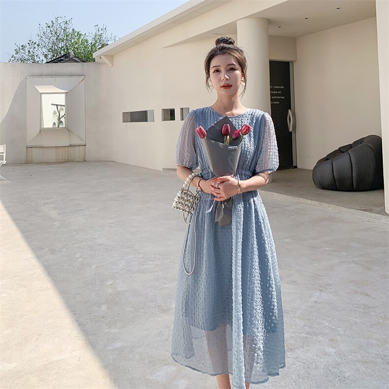法式浪漫立体花连衣裙女中长款夏2025新款抽绳收腰泡泡纱仙女长裙,女装连衣裙,2C229