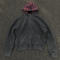 格子拼接连帽卫衣男女款潮牌美假两件开衫cleanfit外套，女装短外套，星座410-7