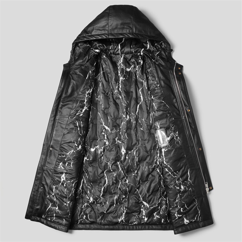 W5001海宁真皮皮衣男头层牛皮白鸭绒羽绒服中长款连帽皮夹克P880,男装夹克,电商B360A（原721A）