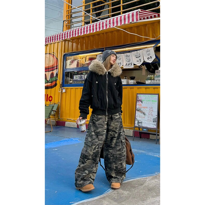 现货重磅boxy短款棉衣座山雕大毛毛领男女棉服水洗工装厚外套,男装棉衣,电商A486-1