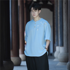 新款夏季冰丝立领短袖男风刺绣新中式大码垂感T恤男T812P55图片