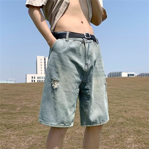 破洞牛仔短裤男夏季美式复古痞帅五分ins潮牌小众休闲裤SD54-P35
