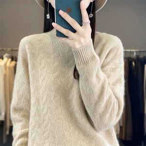 半高领提花100%纯羊毛衫女秋冬款加厚针织毛衣打底羊绒衫宽松上衣图片