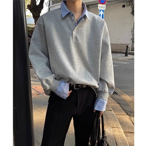 假两件衬衫领卫衣男款早秋潮牌宽松高级感痞帅长袖T恤休闲 上衣服图片