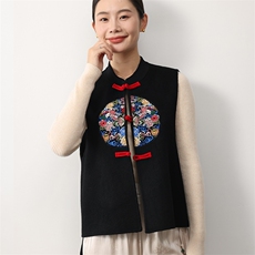时尚民族风羊毛刺绣马甲女秋冬红色盘扣修身显瘦无袖外套，女装马甲，米咔羊绒