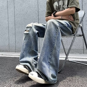美式微喇叭破洞牛仔裤男高街垂感宽松阔腿裤休闲长裤RK2047-P45图片
