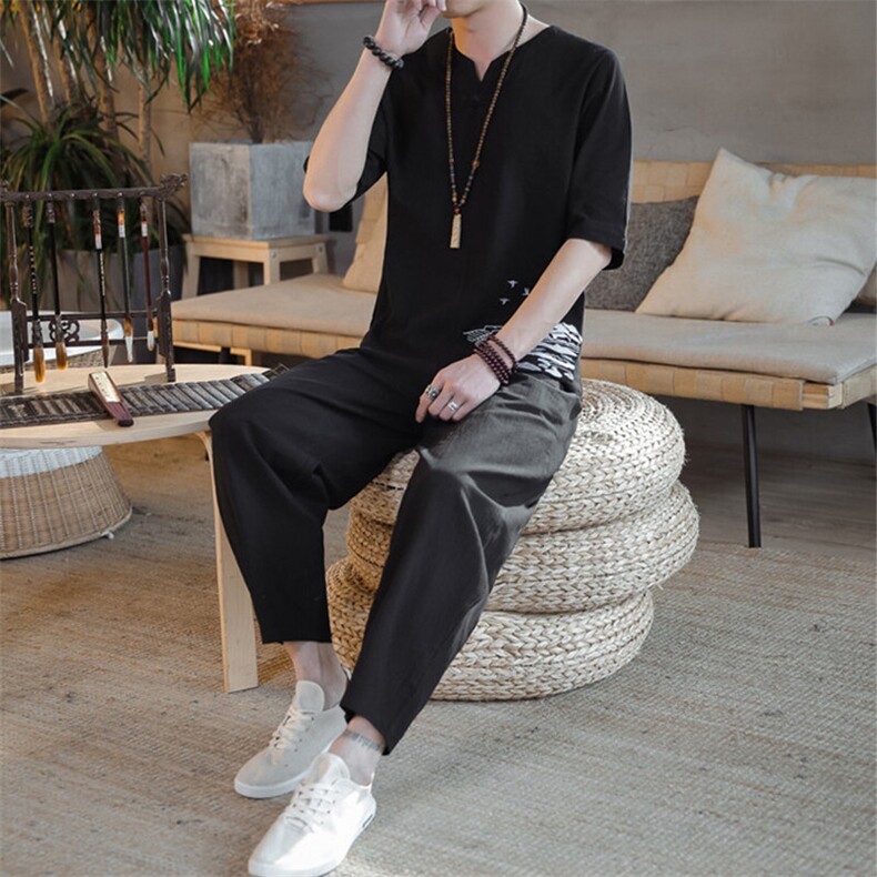 春夏汉服刺绣开衫T恤棉麻短袖风套装星座1512-1-TZ05-P65,男装T恤,星座1512