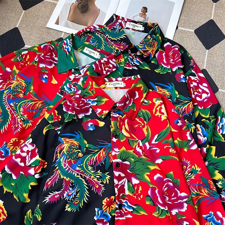 东北大花布拼接衣服衬衫男装长袖2024夏季风C515P33,男装衬衫,星座1116-2