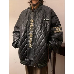 翻领菱形格刺绣PU皮棒球服PU皮棉服拉链仿皮青少年潮纯色Y6581图片