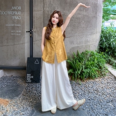 新中式国风套装女2025夏季新款复古气质印花盘扣上衣阔腿裤两件套，女装套装/套裙，浙宝301