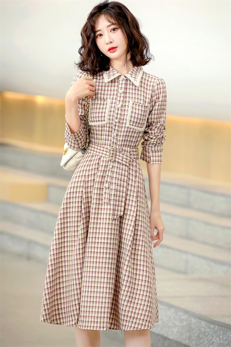 2022春装新款格子连衣裙时尚通勤韩版长袖复古,女装连衣裙,铭街依杨