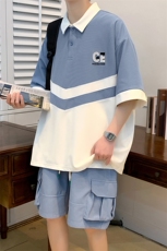 夏季港风短袖POLO衫运动休闲套装男情侣T恤短裤两件套潮6628-P60，男装Polo衫，电商A441-1