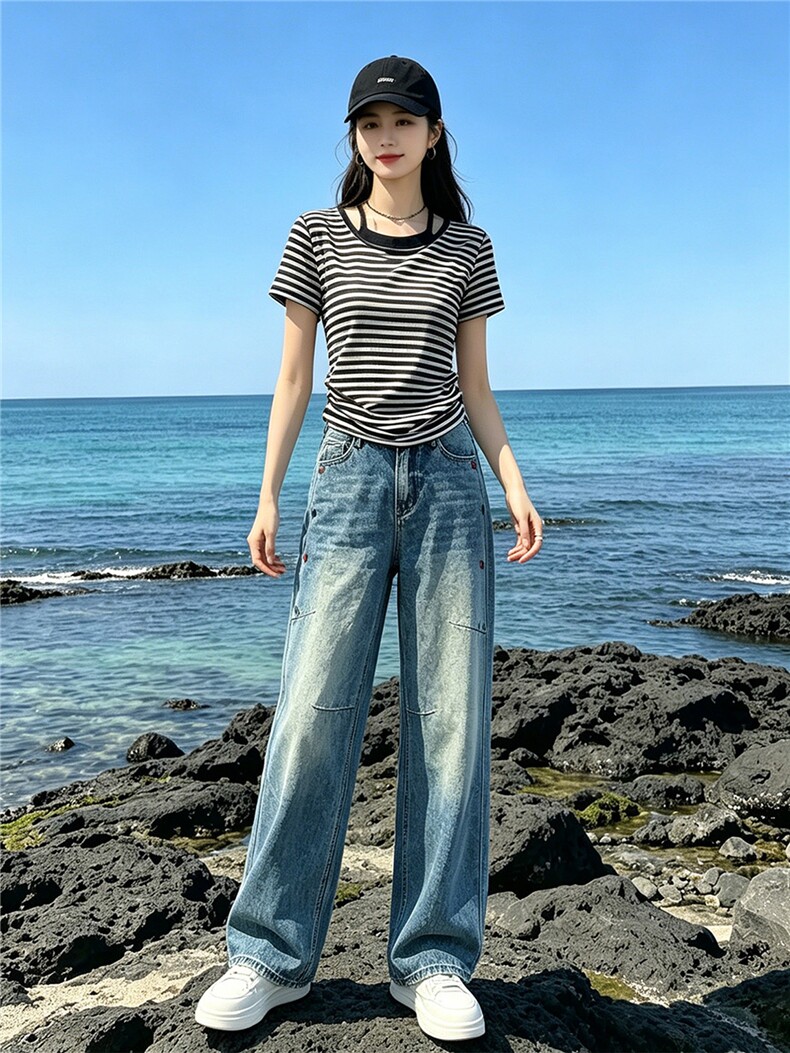 洋气时髦休闲时尚套装女夏新款圆领条纹短袖上衣直筒牛仔裤两件套,女装套装/套裙,江南