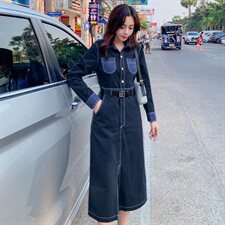 连衣裙方领中腰通勤纯色韩版一步裙2021年春季纽扣，女装连衣裙，秋水欣儿