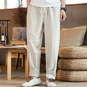 2021春夏新款男装中国风棉麻休闲裤亚麻小脚裤薄款灰色图片
