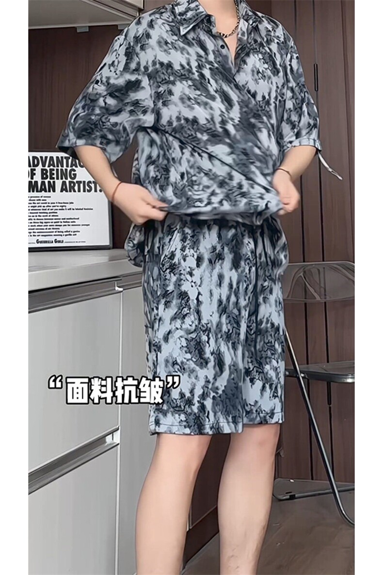 短袖衬衫男+短裤男潮流休闲套装男M-5XL大码TZ78708P50控98模特图,男装休闲套装,星座226-1