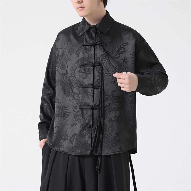 C8608P65无影墻爆龙提花新中式风暗黑风唐装汉服衬衫盘扣,男装衬衫,电商A026
