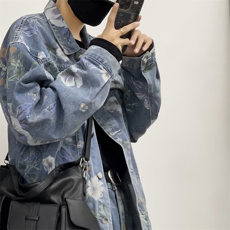 牛仔套装男春秋美式复古花卉港风男生酷帅穿搭oversize两件一套,男装休闲套装,星座410-7