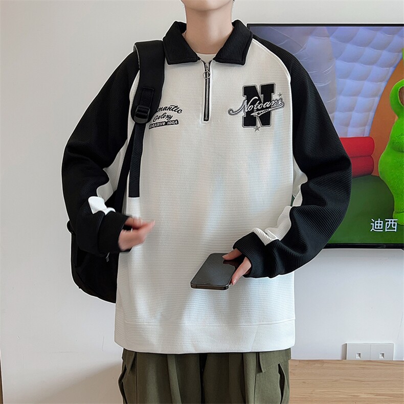 秋款男POLO领卫衣华夫格字母刺绣拼色夹克休闲外套WY23 P45图片