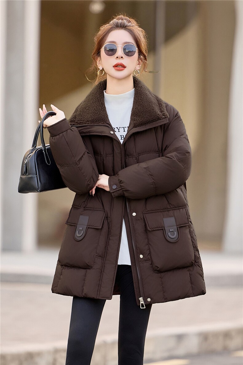 羊羔毛翻领中长款白鸭绒羽绒服女2025冬季新款休闲加厚保暖,女装羽绒服,余墨