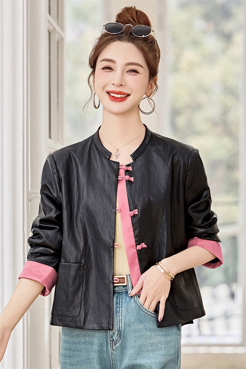 立领盘扣皮衣女春秋款撞色干净利索时尚设计感国风元素新中式上衣,女装皮衣,衣之秀