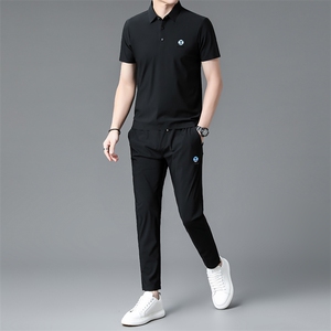 2023夏季新款男式短袖长裤休闲运动套装男式翻领两件套图片
