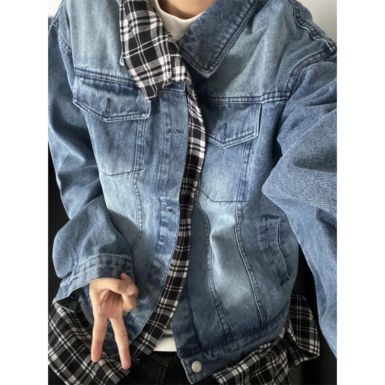 【有货】假两件牛仔外套男春秋格子衬衫拼接工装夹克JK8624LL-P85,男装夹克,星座1007（原301D）