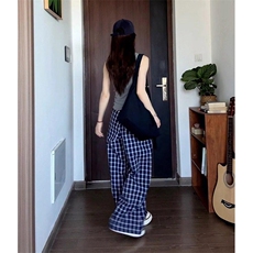 美式高街潮牌男女泡泡格子休闲裤直筒宽松慵懒显瘦阔腿休闲长裤子，男装休闲裤，电商A486