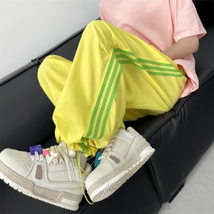 港风夏款男复合褶皱条纹拼接抽绳束脚长裤h0107 P38图片
