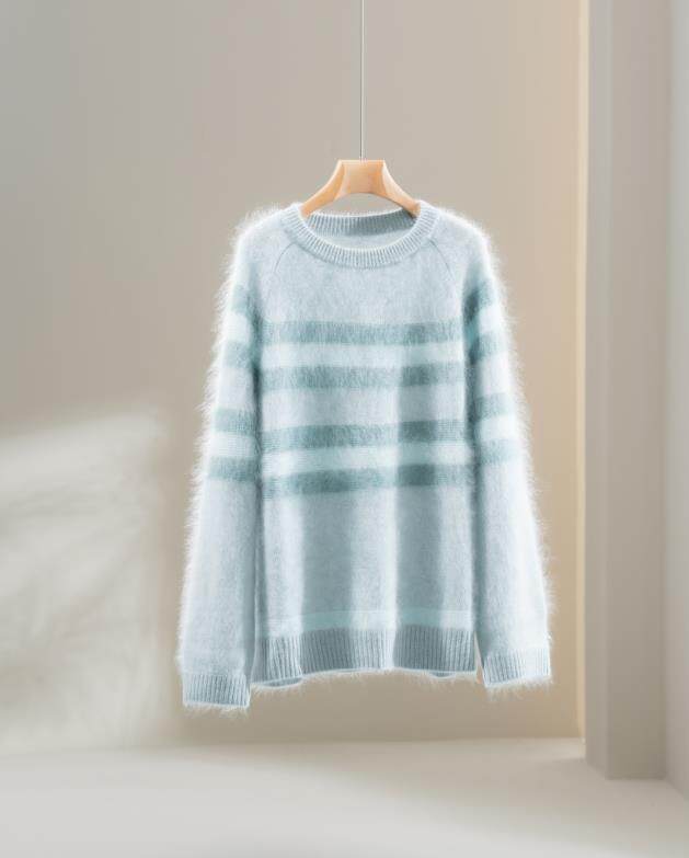 2025秋冬百搭时尚简约圆领长袖条纹羊绒衫，女装羊绒衫，伊纯羊绒