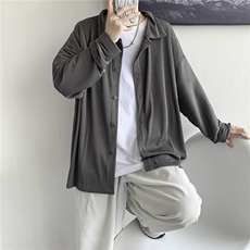 秋装新款港风褶皱纯色宽松长袖衬衫男女情侣外套ins潮H208/P55，男装衬衫，钱塘713