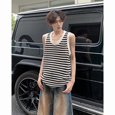 夏季复古镂空潮牌上衣2024新款条纹针织无袖背心男现货T1737-P30，男装背心/马甲，星座512-4