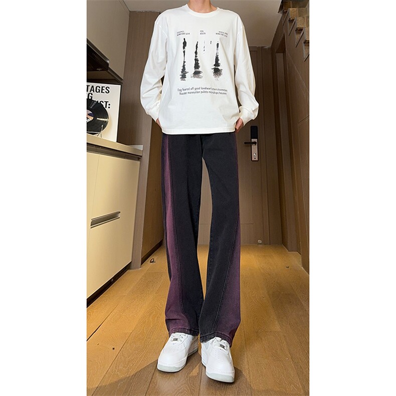 现货黑紫色拼接宽松阔腿直筒撞色休闲牛仔裤男女K5820-P50控78,男装牛仔裤,星座205