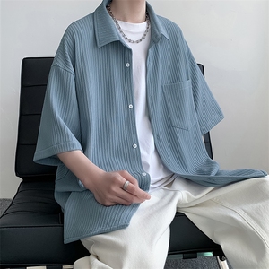 2023夏季薄款冰丝透气垂坠感衬衣男痞帅休闲宽松短袖衬衫C844-P45图片